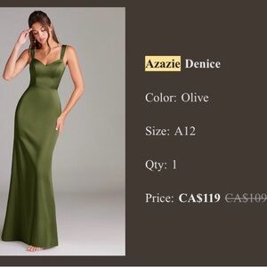 Azazie Denice Olive Dress - like new - worn once